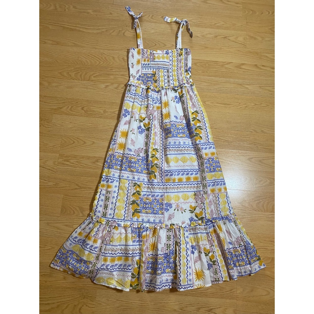Bila Small Smocked Patchwork Sun Shell Print Cotton Tie Maxi Dress NWT
